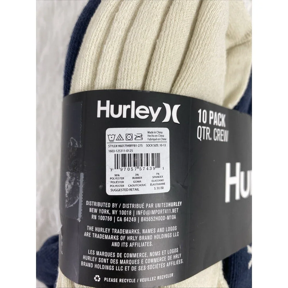Hurley Quarter Crew Socks Sport Mens Designer Cushioned 10 Pack Navy Beige White